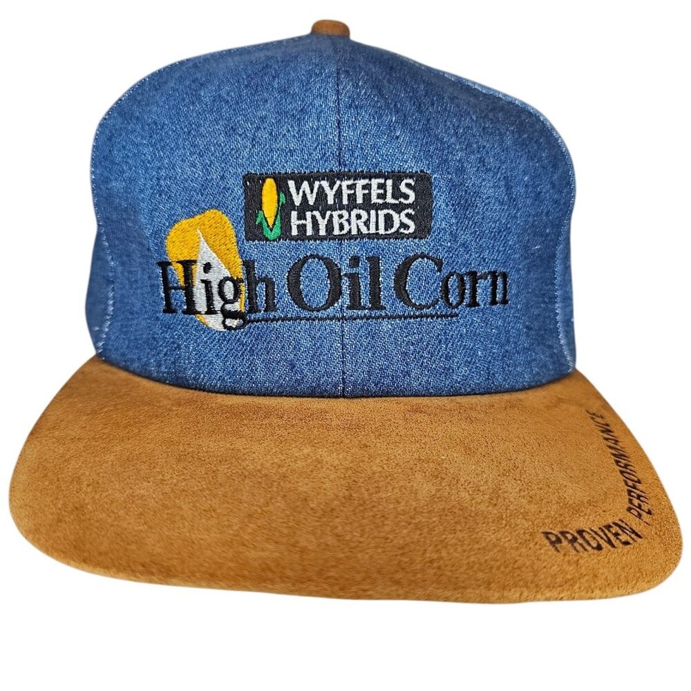 VTG Farmer Denim Hat Snapback Blue Wyffels Oil Corn Embroidered K‎ Products USA